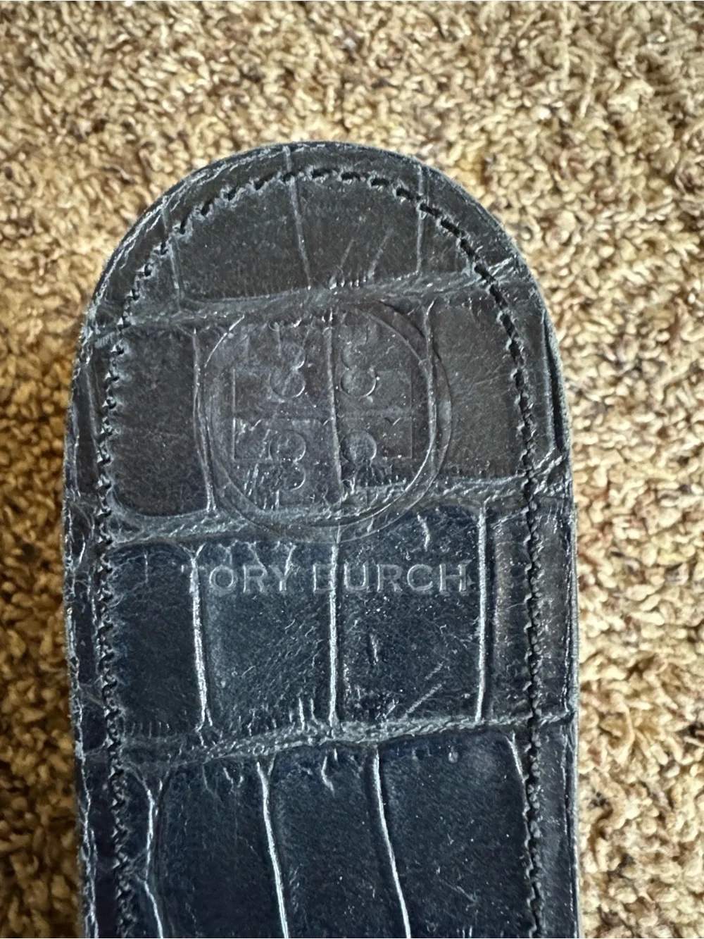 Tory Burch dark blue croc embossed leather slides with wedge heels Size 11